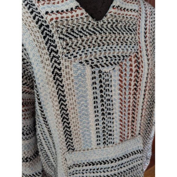 Striped Baja Hoodie Poncho XL Unisex Woven Pullover Front Pocket Made in Mexico - Picture 3 of 11